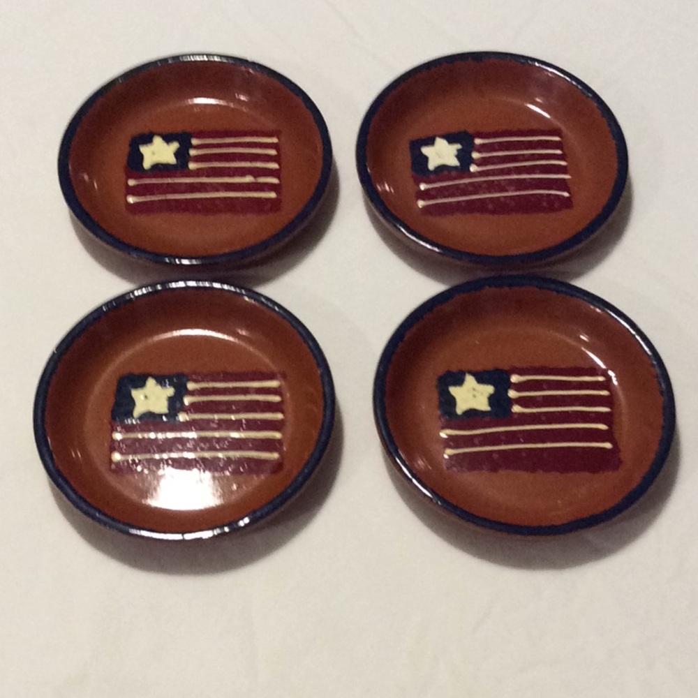 Clay 3/4”x4” Saucer Set of 4 Coasters American Flag Made in USA